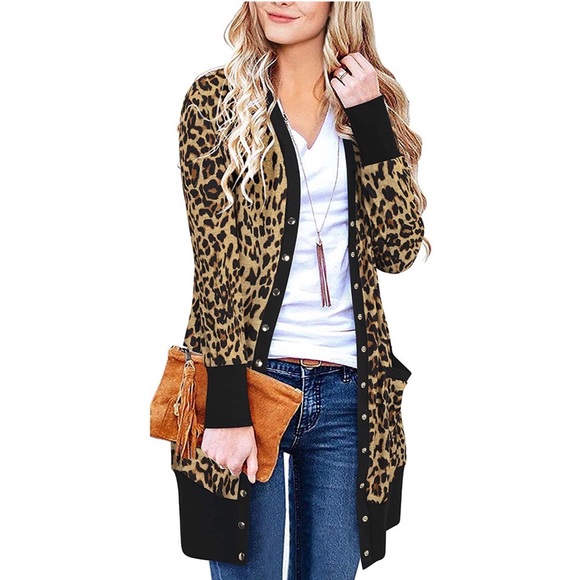 Sweaters - Long Sleeve Open Front Leopard Print Cardigan